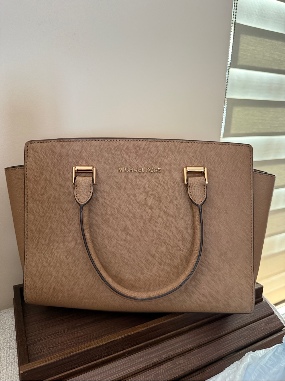 MICHAEL KORS Taupe Saffiano Leather Satchel with Gold Hardware